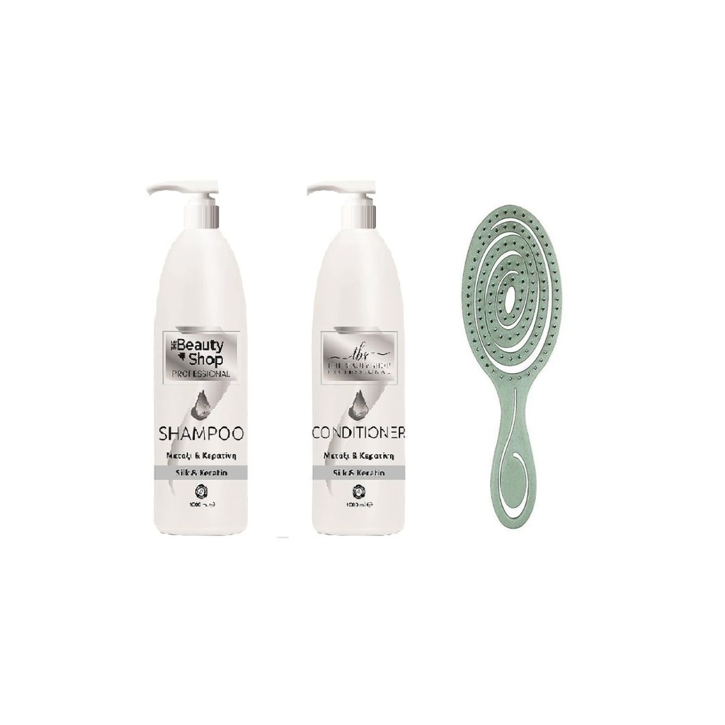 ​​​​Σετ Μετάξι Κερατίνη Σαμπουάν & Conditioner 1lt & Βούρτσα GO BIO (GREEN)